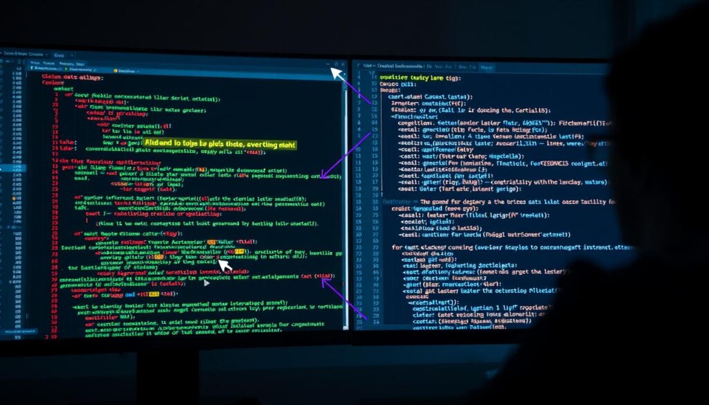 Developer using AI to debug code with error messages and suggested fixes Developer using AI to debug code with error messages and suggested fixes