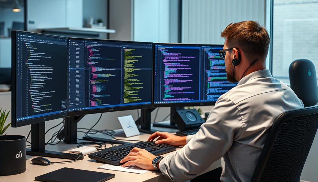 Developer using VSCode with multiple productivity extensions activated Developer using VSCode with multiple productivity extensions activated