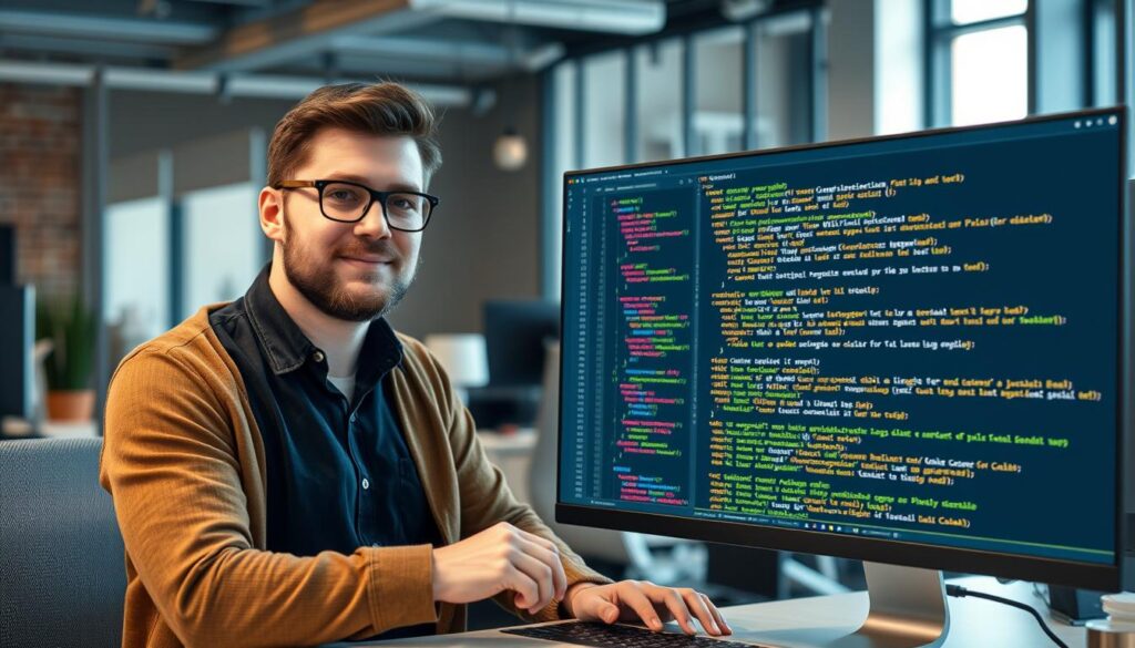 Developer using prompt engineering techniques to generate code in an IDE with AI assistance Developer using prompt engineering techniques to generate code in an IDE with AI assistance