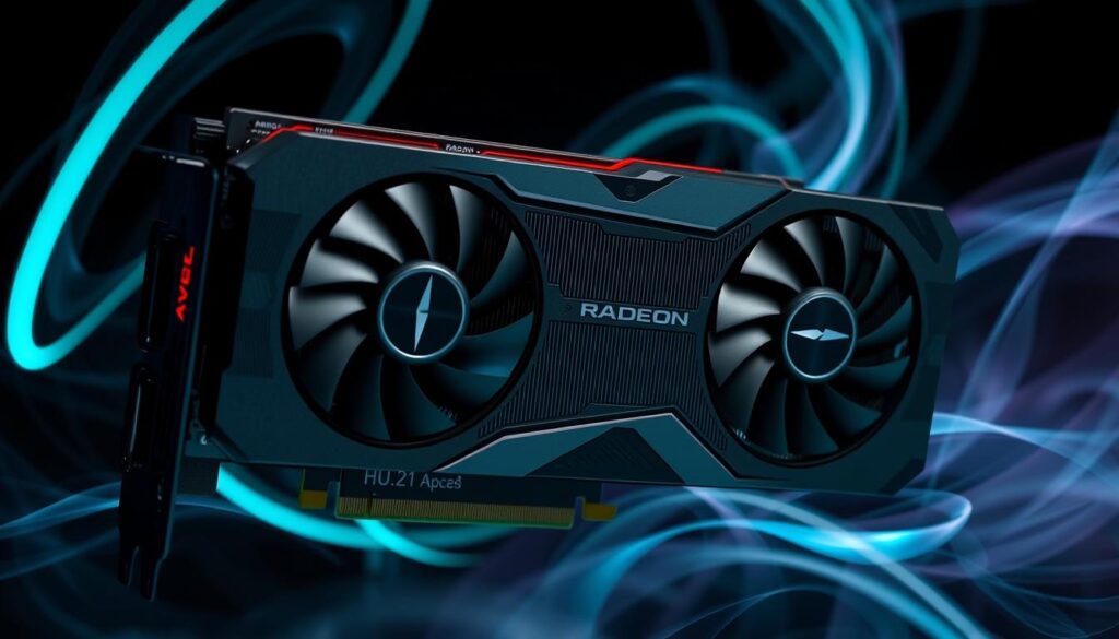 Generate an image of an AMD Radeon GPU based on RDNA4 architecture, showcasing its sleek design and high-performance capabilities.