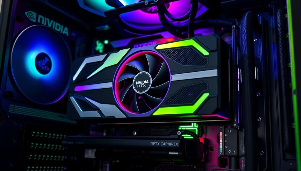 Generate an image of an NVIDIA RTX GPU installed in a gaming PC, highlighting its advanced cooling system and LED lighting.