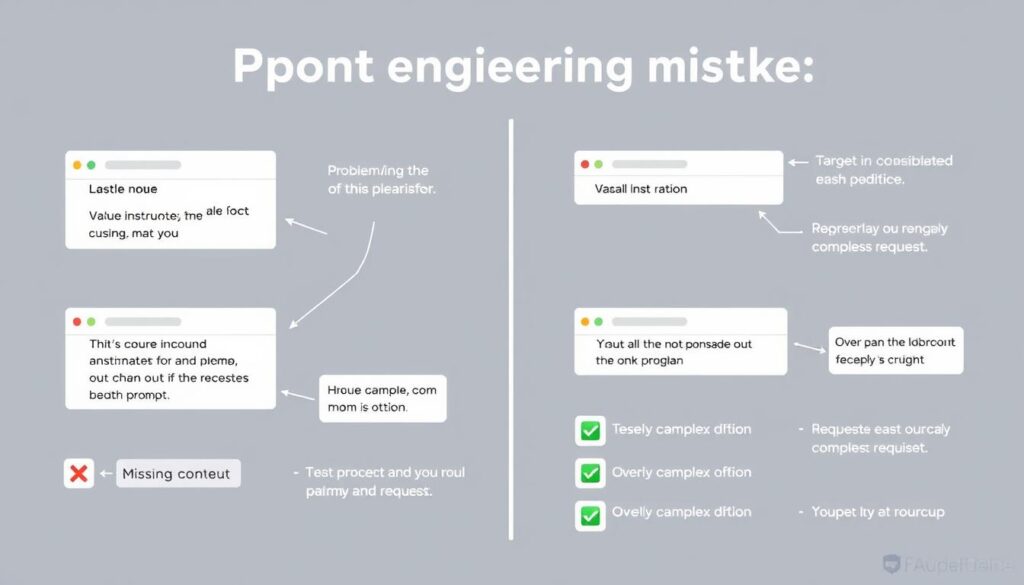 Illustration showing common prompt engineering mistakes and their solutions Illustration showing common prompt engineering mistakes and their solutions