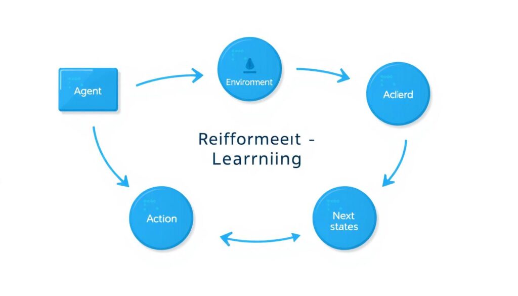 Reinforcement learning cycle showing agent, environment, actions, and rewards Reinforcement learning cycle showing agent, environment, actions, and rewards