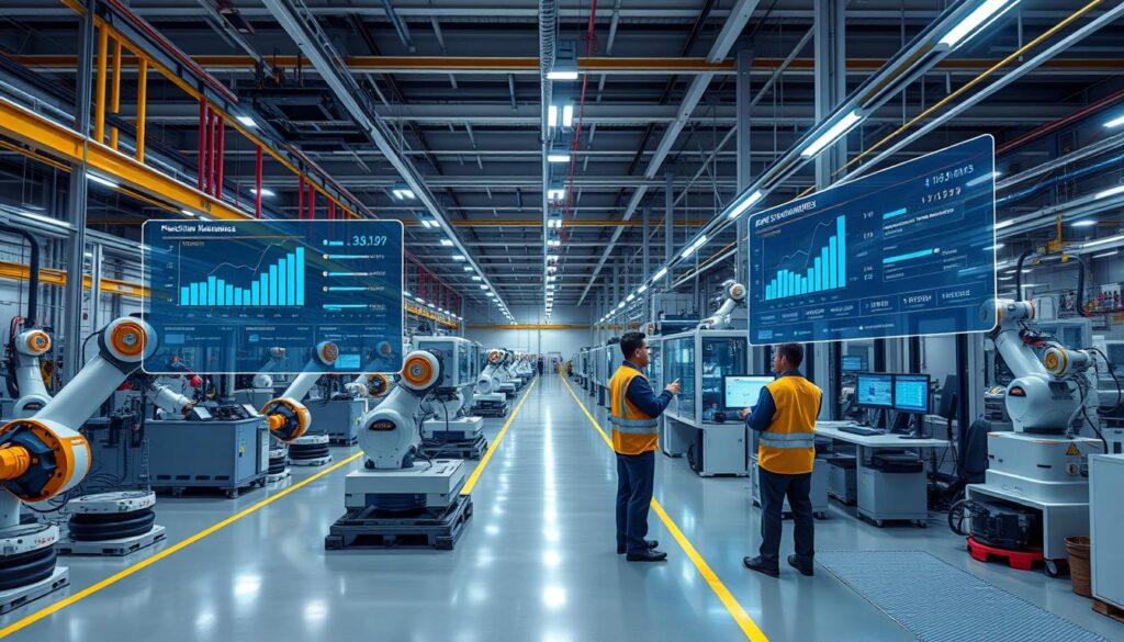 Smart factory floor with AI-powered robots and predictive maintenance systems monitoring equipment in real-time Smart factory floor with AI-powered robots and predictive maintenance systems monitoring equipment in real-time